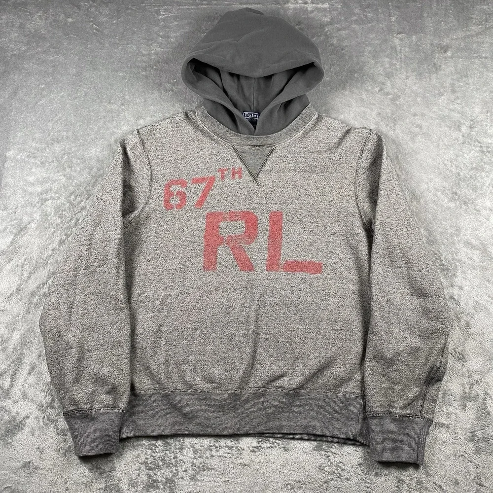 Vintage Polo Ralph Lauren Hoodie Mens Size M Grey 67th RL‎ Military Afterhood